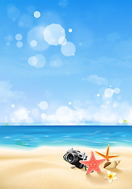 清新海边沙滩海星相机海报背景