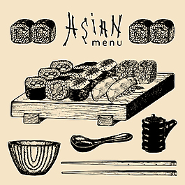 黑白手繪日式壽司插畫