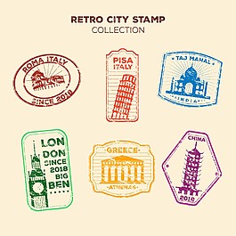 6款彩色世界标志性建筑邮票元素