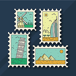 4款卡通建筑邮票元素