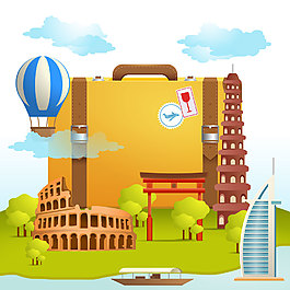 卡通建筑大旅行箱元素设计