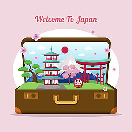 卡通日本行建筑旅行箱元素