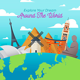 卡通环球世界旅行景点建筑元素
