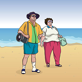 卡通中年夫妻海邊旅游圖案
