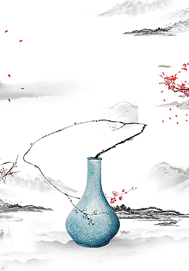 中式淡雅水墨插花禪意背景