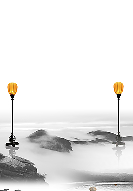 水墨山水房屋燈籠背景