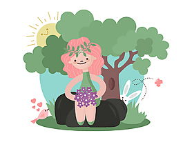 卡通美女在綠樹旁休息矢量元素