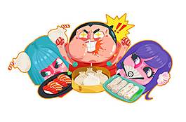 卡通男孩女孩搶吃飯png元素