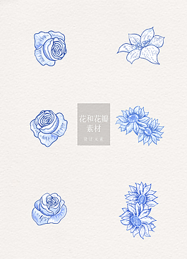 花和花瓣素材蓝色线条手绘ai矢量