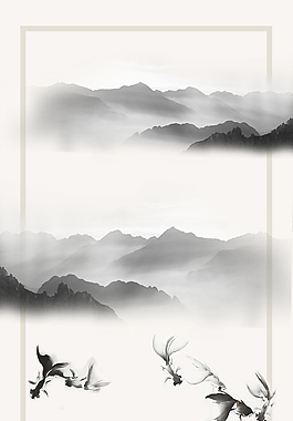 中国风水墨鱼鸟山水背景