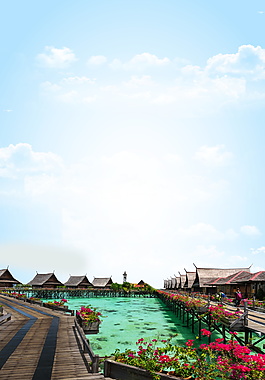 唯美藍天荷塘棧道旅游海報背景設計