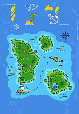 手繪卡通海島帆船地形圖海報(bào)背景設(shè)計(jì)