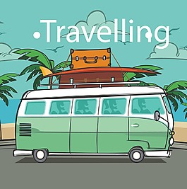 夏天旅行汽車插畫