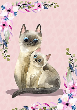 彩绫粉色花朵猫咪母亲节海报背景