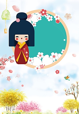 花朵飘落花瓣圆圈里手绘卡通人广告背景素材