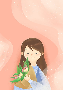 彩繪溫馨卡通女孩花束海報背景素材