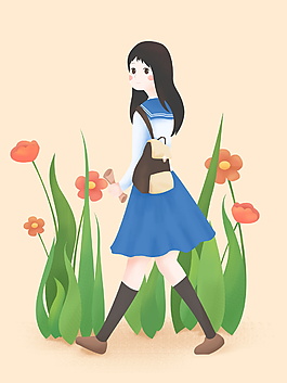 彩繪花叢女孩海報(bào)背景素材
