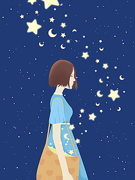唯美卡通藍(lán)色星空女孩海報(bào)背景