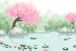 手繪小清新春天風景插畫素材