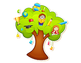 手繪卡通大樹和人物矢量圖