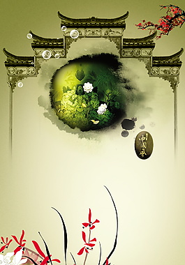 中國風古典門庭荷花海報背景設計