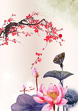 水彩荷花花枝海報(bào)背景設(shè)計(jì)