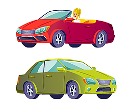 卡通扁平紅色跑車綠色汽車矢量元素