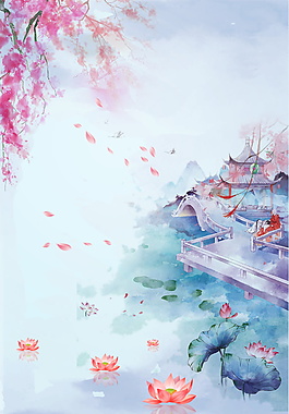 彩繪唯美古風荷塘海報背景設計