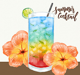 彩绘夏季鸡尾酒和扶桑花矢量素材