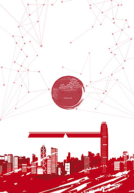 素雅清新红色城市手绘街景广告背景