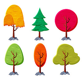 6棵不同颜色卡通树装饰图