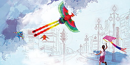 彩绘孩子放风筝广告背景素材