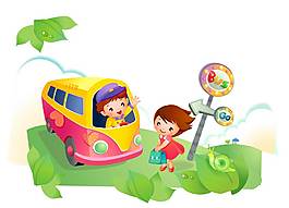 卡通兒童坐校車去學(xué)校png元素