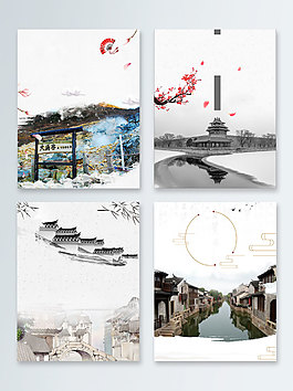 水墨古建筑世界古跡遺址日廣告背景