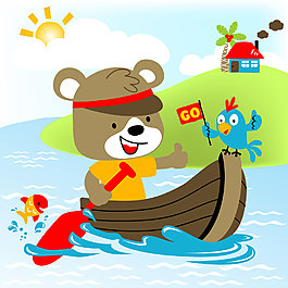 小熊划船加油可爱动漫图