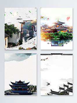 筆刷大氣古建筑廣告背景圖