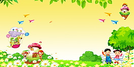 卡通花叢蘑菇城堡六一兒童節(jié)背景