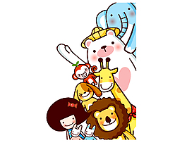 卡通小女孩與動(dòng)物合影矢量圖