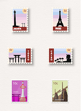 卡通手繪不同國家旅行郵票元素