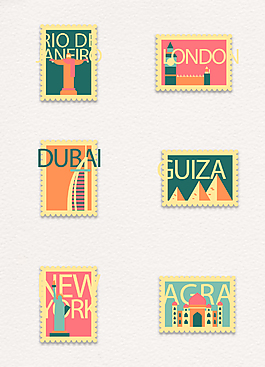 6款英文旅游建筑郵票元素