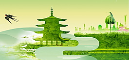 綠色清新古塔端午背景設(shè)計(jì)