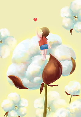 卡通棉花上的小姑娘兒童節(jié)日背景圖