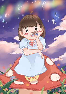彩绘唯美蘑上的女孩儿童节背景图