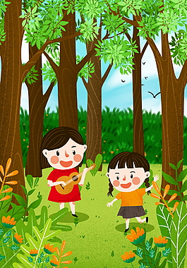 樹林里玩甩的2個女孩兒童節背景圖
