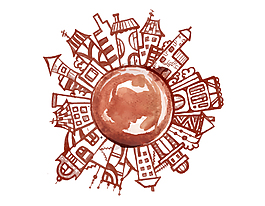 手绘红色景点建筑图标元素