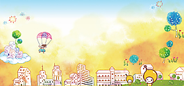 清新手繪城市街景廣告背景