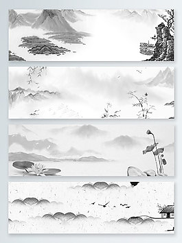 荷花遠山中國風水墨banner背景