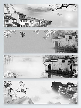 灰色中国风建筑banner背景