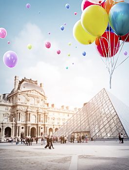 欧式广场上的多彩气球海报背景设计