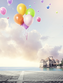 浪漫海边彩色气球海报背景图